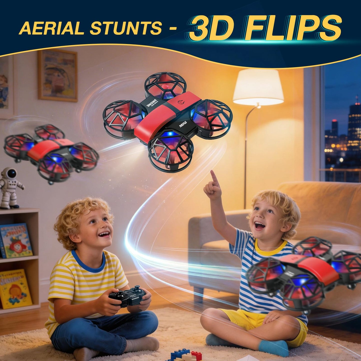 Red Mini Drone for Kids & Beginners, Indoor & Outdoor RC Quadcopter, Full Propeller Guards, LED Light, 3D Flips, One Key Start, Headless Mode, 2 Rechargeable Batteries, 21 Mins Total Flight Time, Toy Gift for Boys and Girls