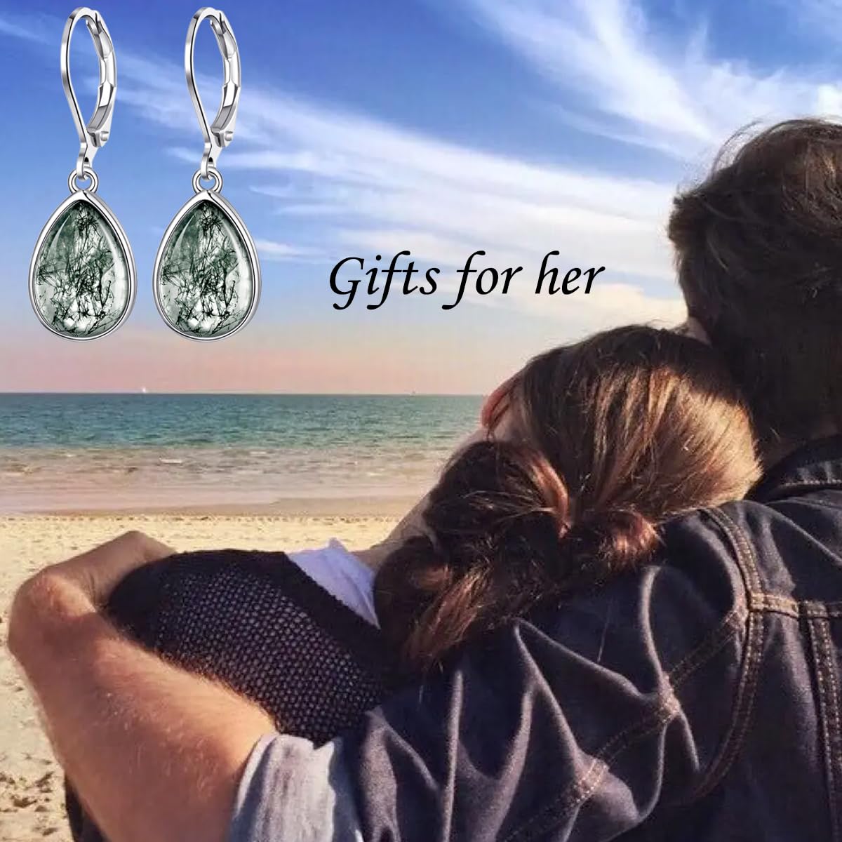 TALYKONG Moss Agate Earrings for Women Gem Dangle Leverback Earrings Moss Agate Jewelry for Women