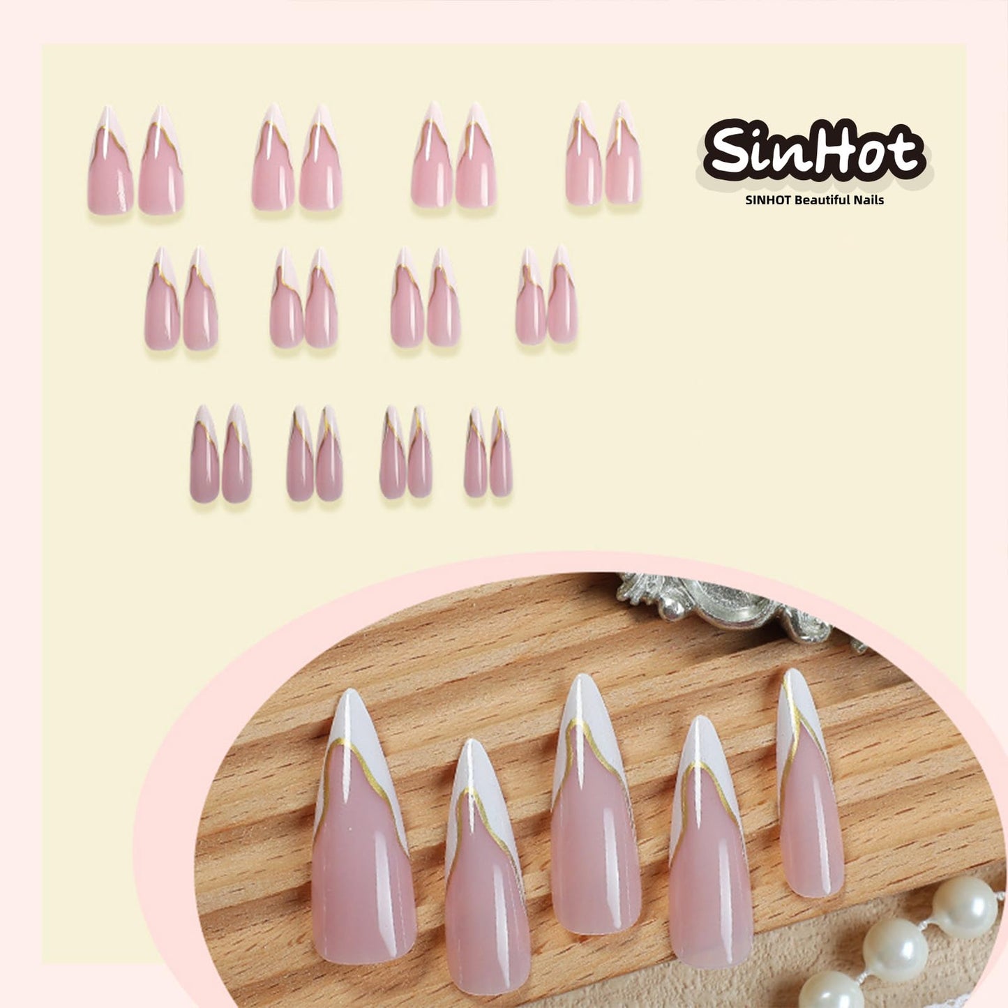 SINHOT Stiletto Press on Nails - Long Fake Nails, Glossy Finish, White French Tip & Gold Line, DIY Artificial False Nail Art - 24 Pcs Nail Kit with Glue