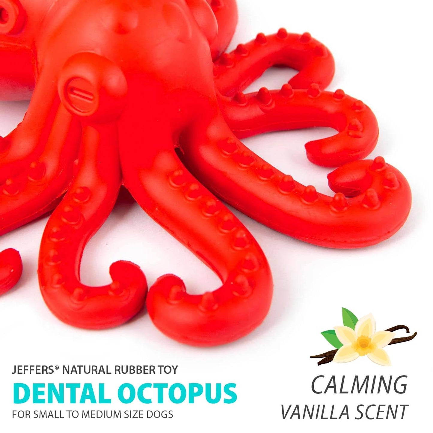 Jeffers Pet Natural Rubber Dog Chew Toy – Red Octopus, Medium – Treat Dispensing, Vanilla Scent, Durable, Non-Toxic, Dishwasher Safe, Interactive Fetch & Tug Toy - Perfect for Training