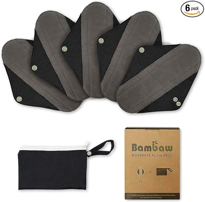 Bambaw Reusable Menstrual Pads With Discreet Pouch | Medium Flow Sanitary Pads | Zero Waste and Environmentally Friendly | Cloth Period Pad Set