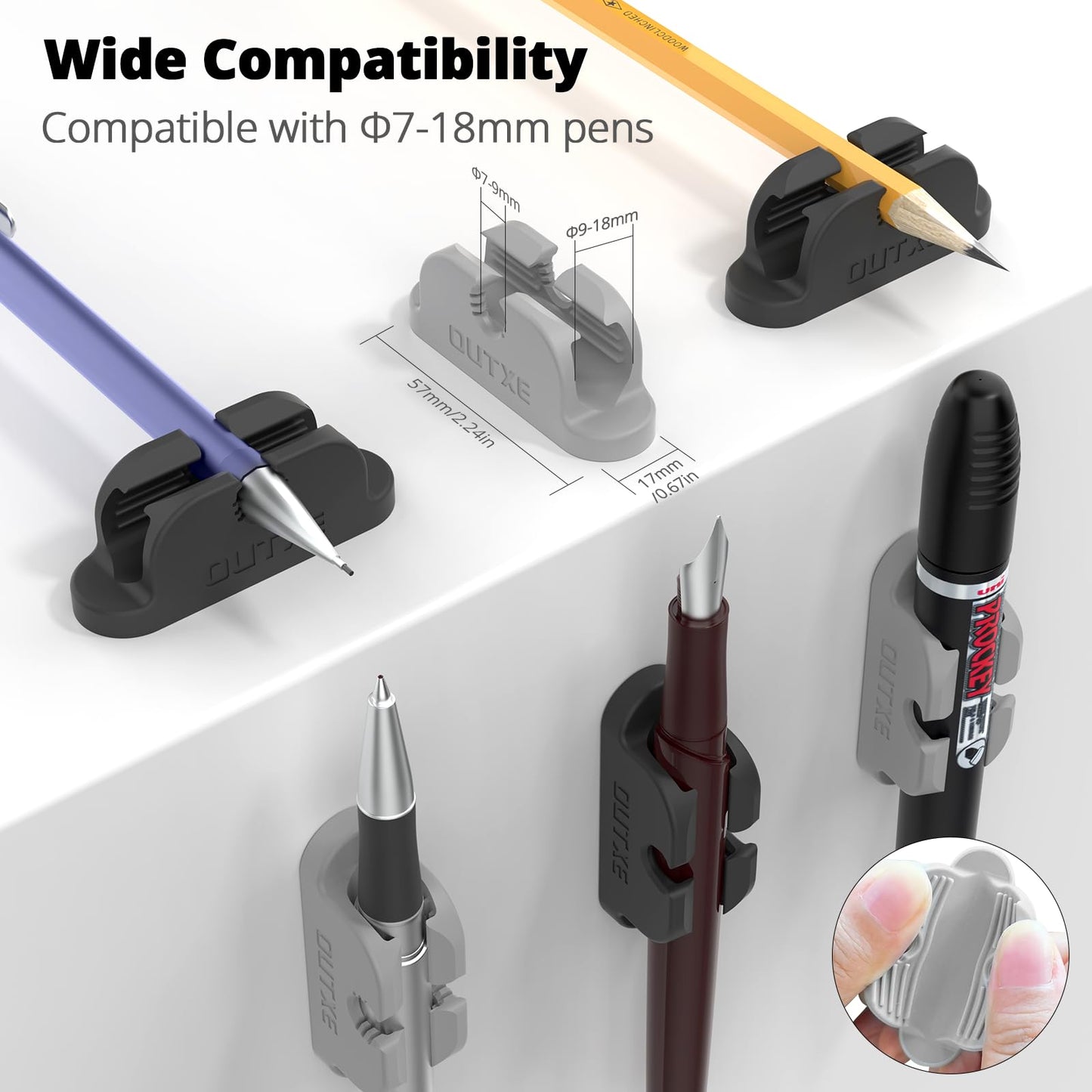 OUTXE 10-Pack Magnetic & Adhesive Pen Holder with Dual Slots - Easy Organize & Access Pencil, Pen, Marker- Perfect for Desk, Wall, Refrigerator, Whiteboard, Clipboard