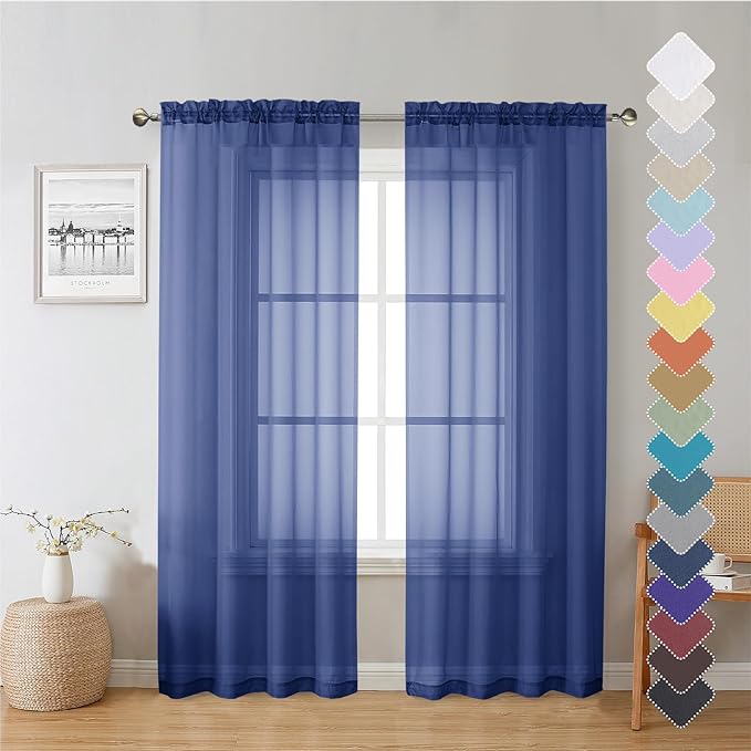 Lecloud Royal Blue Sheer Curtains 72 Inches Long 2 Panels, Rod Pocket Voile Light Filtering Curtains for Living Room, Airy Curtain Drapes for French Door Bedroom, Each Panel 42 X 72 Inch