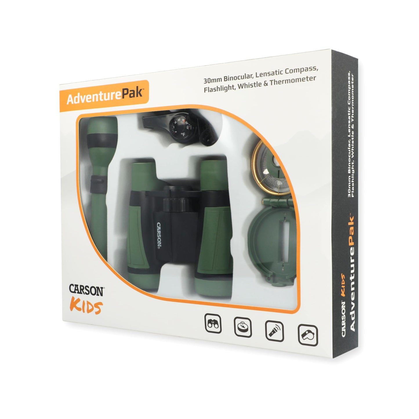Carson AdventurePak Containing 30mm Kids Field Binoculars, Lensatic Compass, Flashlight and Signal Whistle with a Built-in Thermometer (HU-401), Multicolor