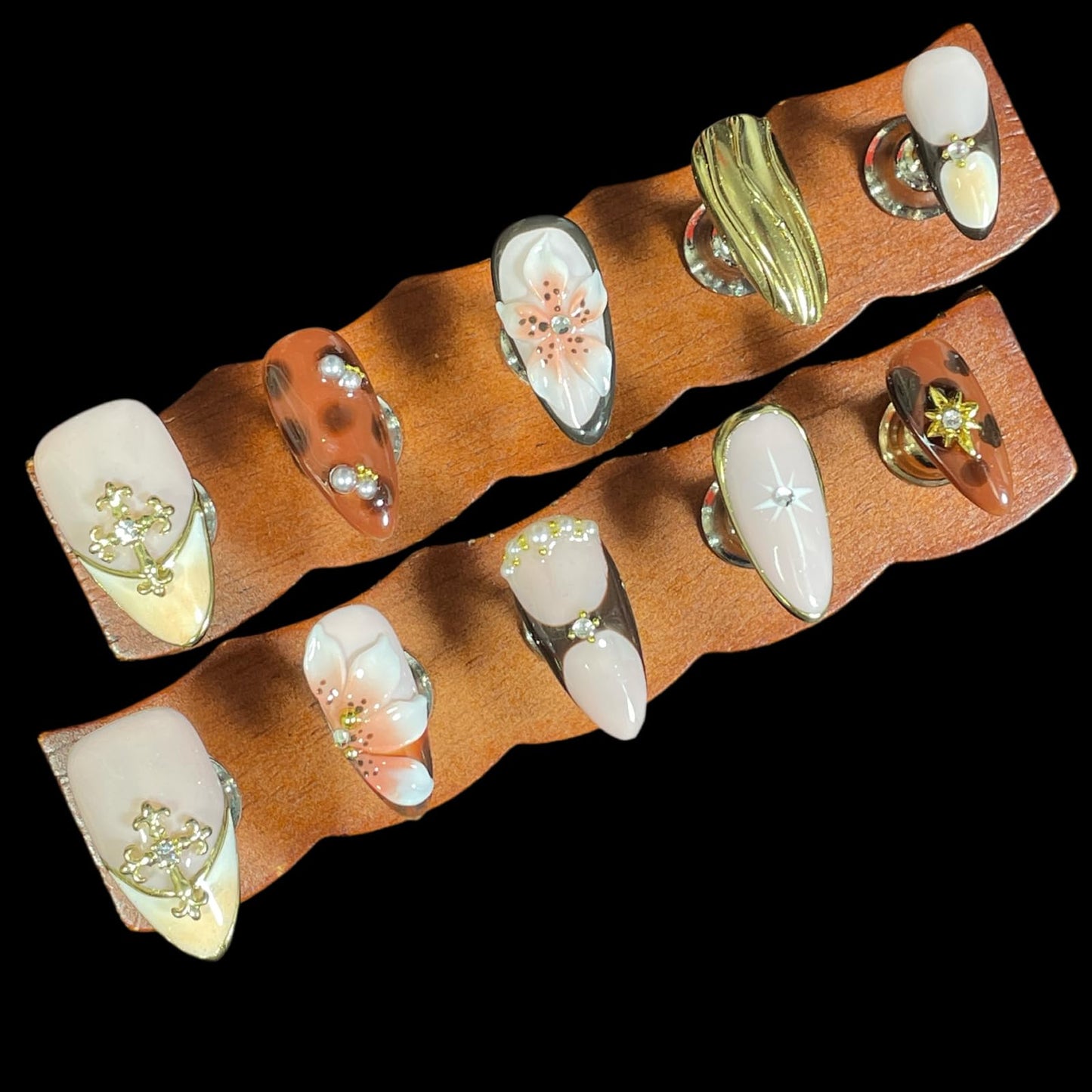 Handmade Press On Nails Medium Almond 10 Unique 3D Floral Designs Gold Filigree Crosses Caramel-Brown & Peach Blossoms | Reusable Acrylic False Nails for Women (Brown, S)