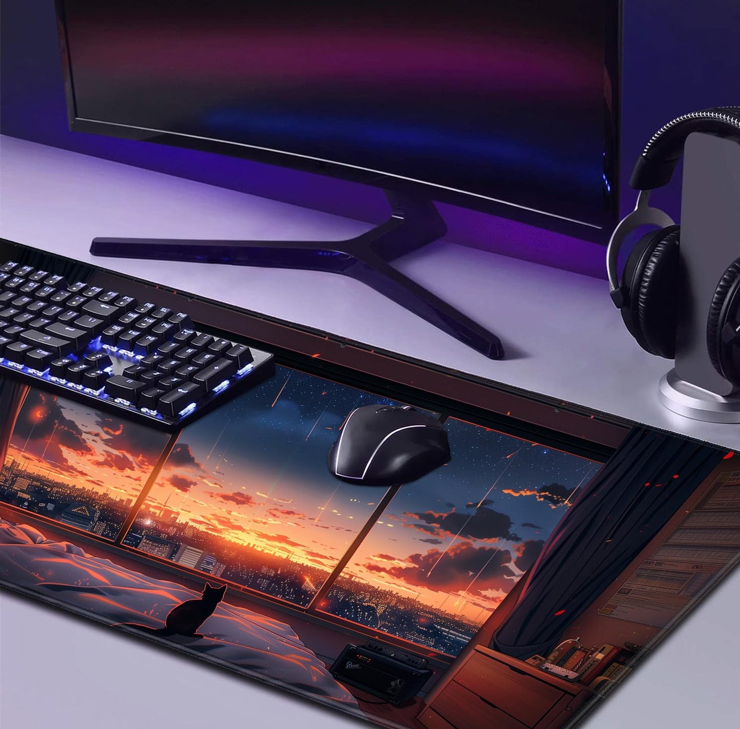 Anime Cat Fantasy Window Mouse Pad, Summer Mouse Pad Large Healing Night Scene, Game Table Pad XL Office Decoration Women's Laptop Keyboard Pad 35.4 x 15.7 x 0.12 Inches