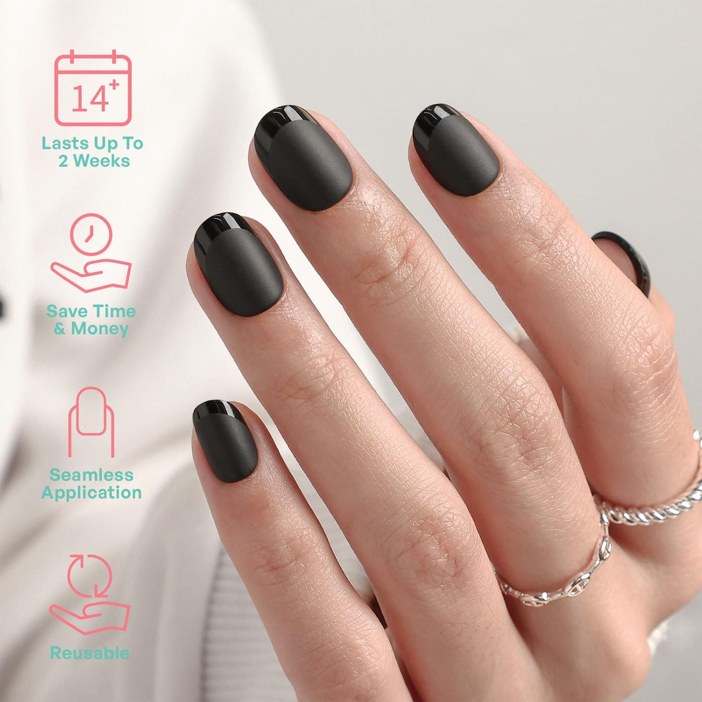Matte Black Press On Nails Extra Short - GJZEZ Soft Gel Square Squoval Fake Nail Press Ons with Glossy French Tip in a Matte Finish, Salon Quality Reusable Glue On Nails in 16 Sizes & 32Pcs, Ink Mist