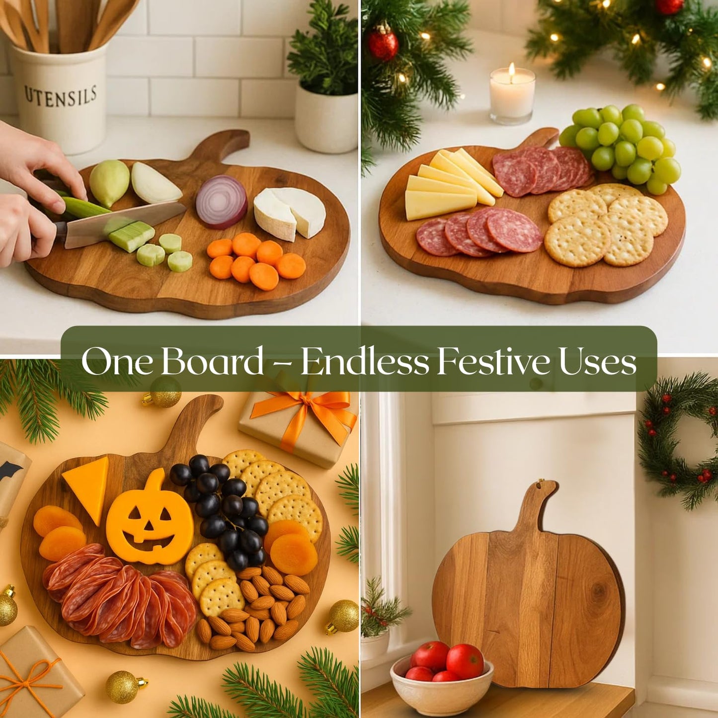 Aurah Halloween Pumpkin Shaped Wood Cutting Board for kitchen Decoration Serving Platter, Gothic Cutting Boards with Handle (12 x 13 Inch)