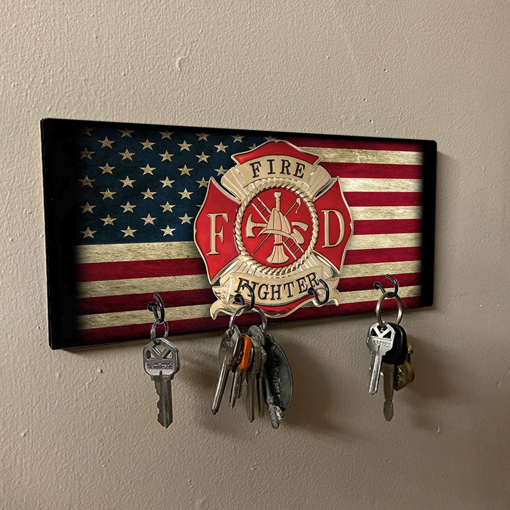 Brotherhood American Flag Firefighter Maltese Cross Center Design Key Holder Organizer Wall Mount Rack for Holders the Home Keys Ring Decorative Hangers Decor Hook Hanger