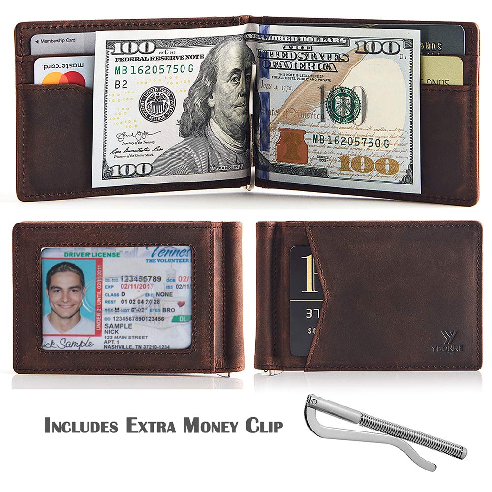 YBONNE Mens Slim Wallet with Money Clip Front Pocket RFID Blocking Thin Bifold Leather Card Holder Minimalist Mini Billfold