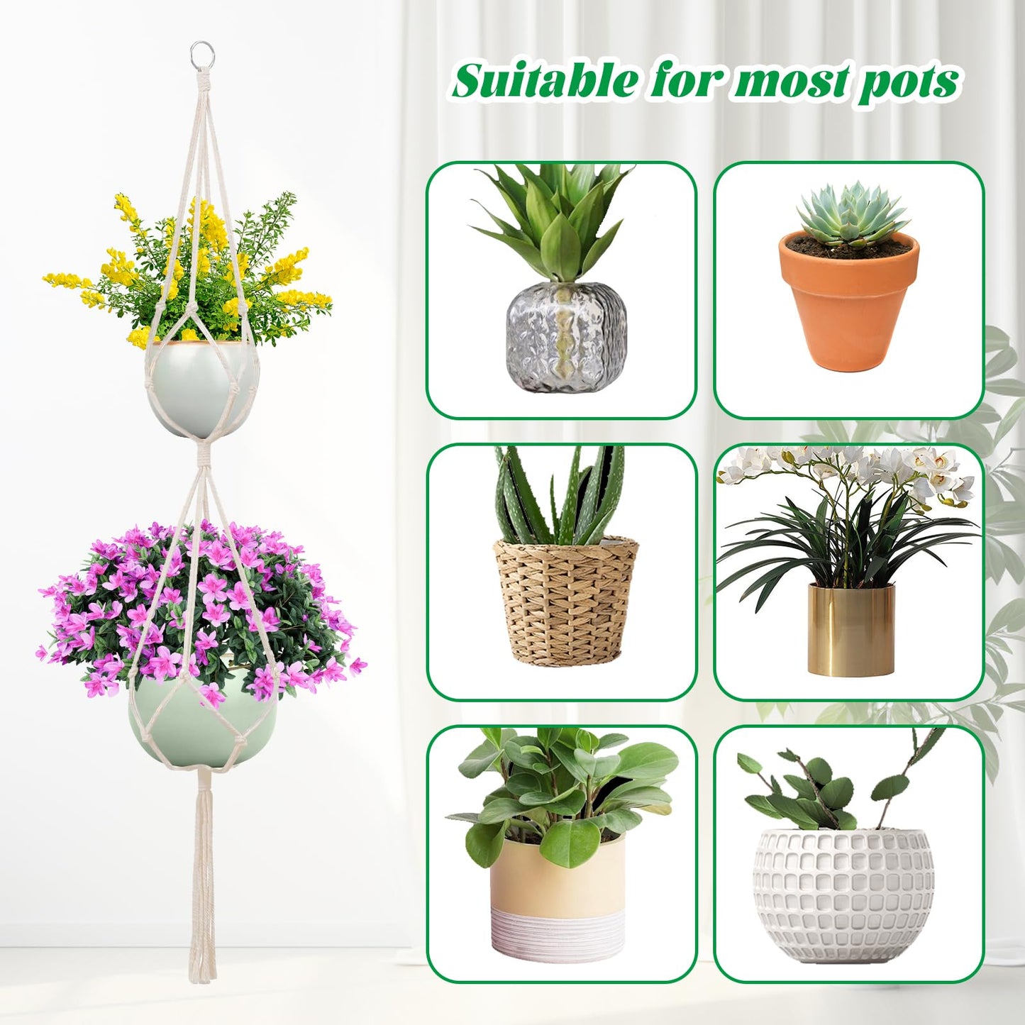 SNAIL GARDEN 2 Tier Macrame Plant Hanger, 2Pack Double Plant Hangers with Tassel Indoor Outdoor Hanging Planter Basket Handmade Cotton Rope Hanging Planters Set with 2Pcs Hooks for Boho Home Decor