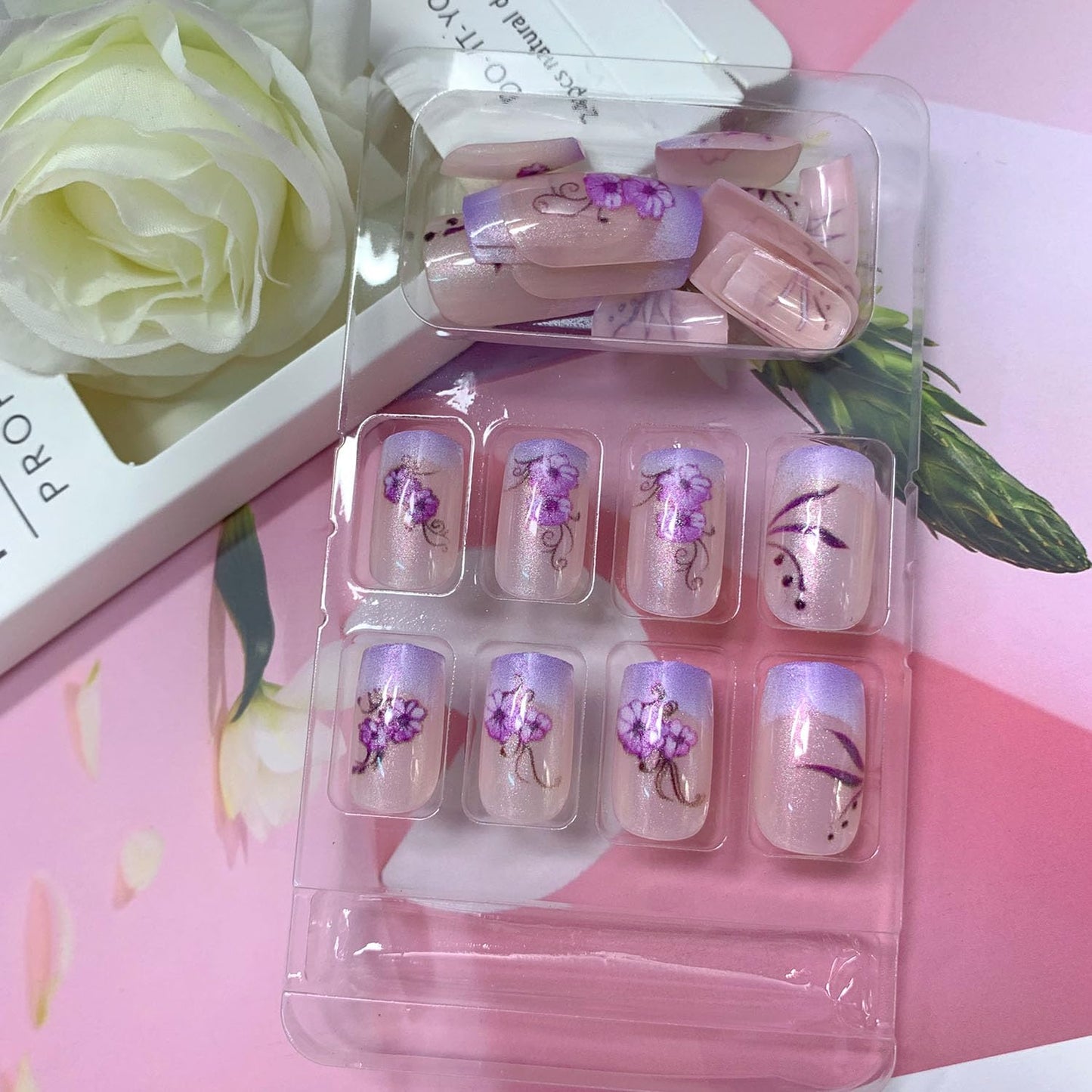 French Press on Nails Medium Short Fake Nails with Glitter Designs Purple Flowers Glue on Nails Translucent Nails Press ons Spring False Nails for Women 24 Pcs