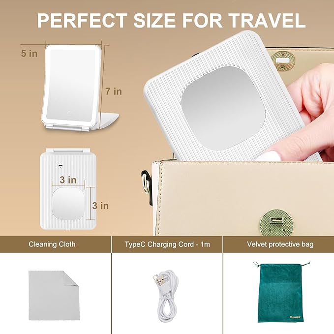 Mocado Travel Makeup Mirror with Light, 1x/10x Magnifying Mirror with Light, 3 Colors Lighted Magnifying Mirror, 2000mAh Rechargeable Lighted Makeup Mirror, Dimmable Touch, Memory Function (White)