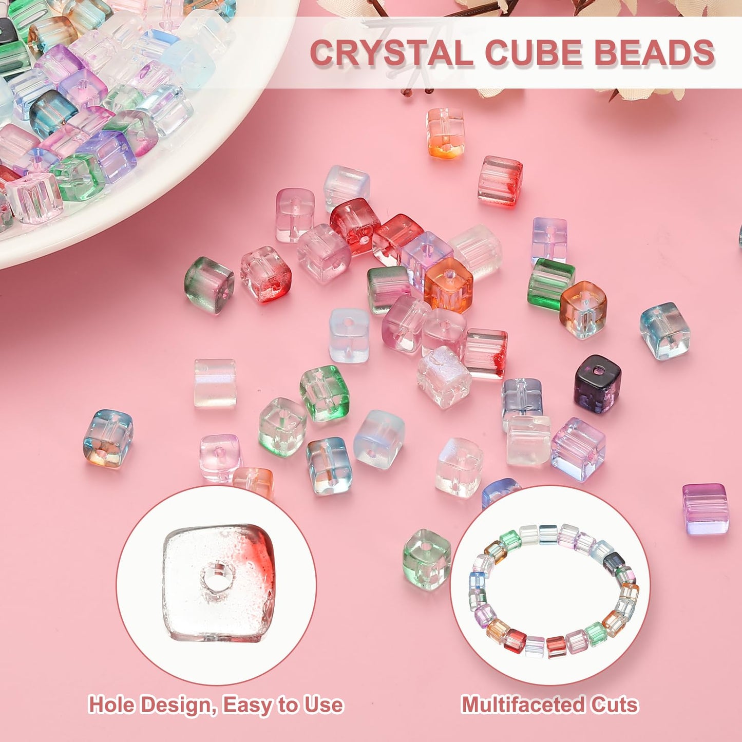 uxcell 500 Pcs Crystal Cube Beads, 7mm Clear Glass Faceted Square Spacer Beads Craft Making Supplies for Jewelry DIY Bracelet Earring Necklace, Light Purple