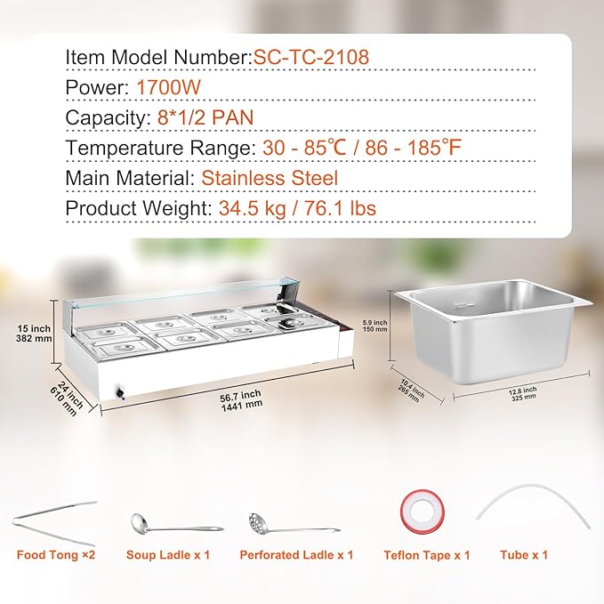 VEVOR 8-Pan Commercial Food Warmer, 8 x 12QT Electric Steam Table with Glass Cover, 1700W Countertop Stainless Steel Buffet Bain Marie 86-185°F Temp Control for Catering, Restaurants, Silver
