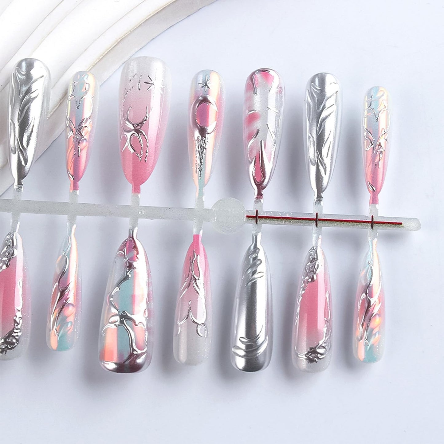 30 Pcs 3D Love Heart Press on Nails Stars Acrylic Fake Nail Moon Gel Glue on Nail Valentines Almond Medium False Nails Glossy Pink Glitter Gradient Stick on Fingernails for Women Valentine's Gift