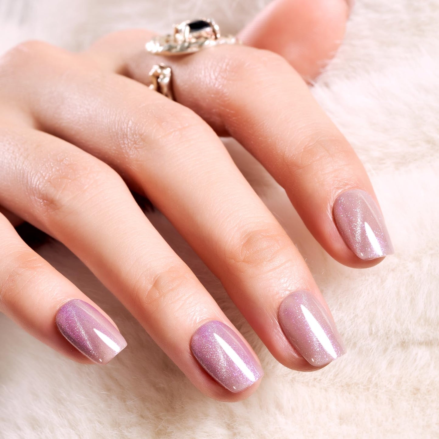 Wooyas Cat Eye Press on Nails Pink Glitter Press on Nails Short Square Handmade Fake Nail Set Glue on Nail 24PCS Glossy with Glue