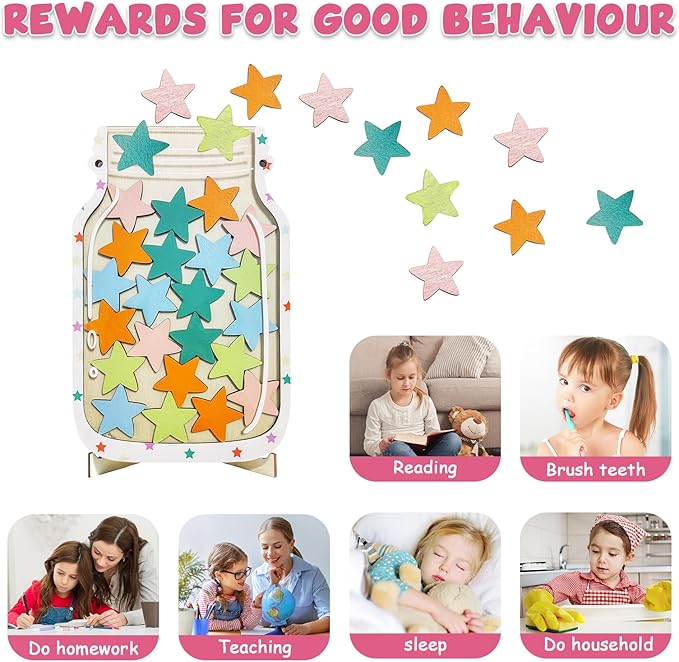 Magnetic Reward Jar for Kids – Star Jar Reward System, Behavior Classroom Incentive Jar with Fun Star Chart, Suitable for Teachers Parents (Mason Jar with Stars, Kids Motivational Tool)