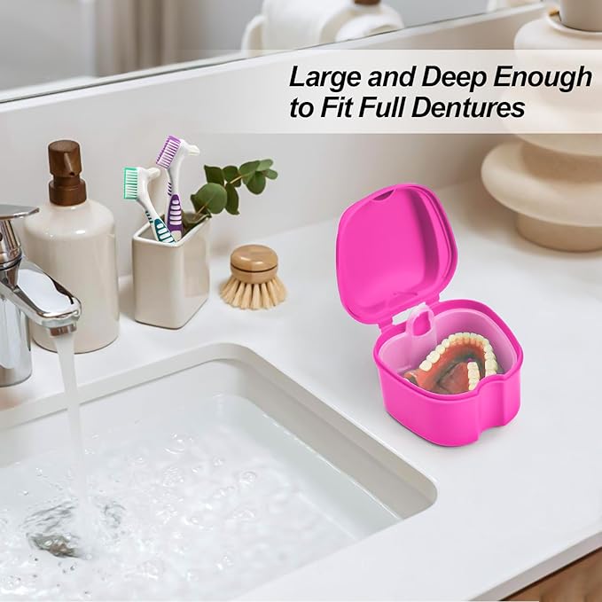 Denture Cup Retainer Cleaning Case False Teeth Soaking Container with 2 Brushes, Dental Retainer Cup Holder Case Denture Soaking Storage Box Case - White & Rose Red