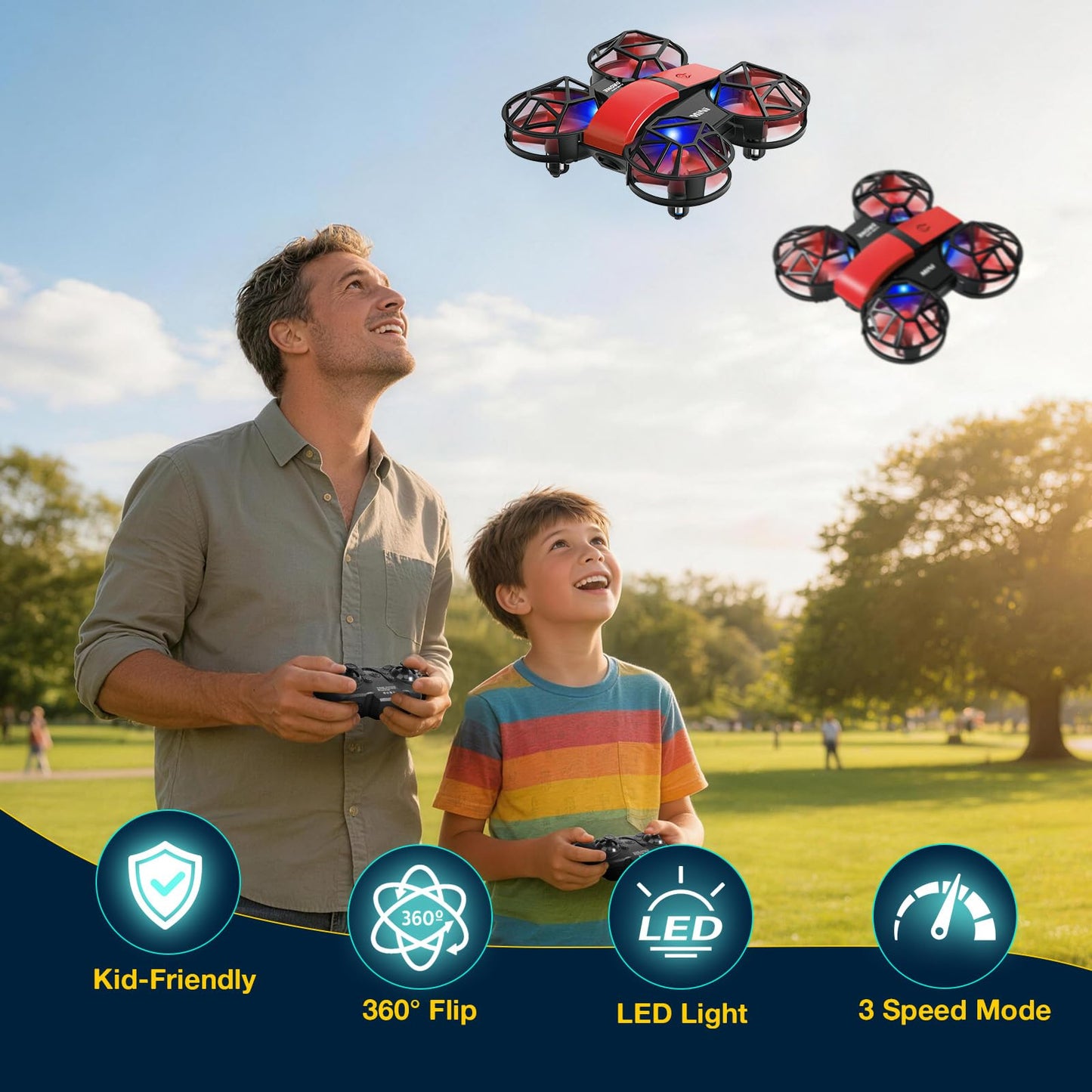 Red Mini Drone for Kids & Beginners, Indoor & Outdoor RC Quadcopter, Full Propeller Guards, LED Light, 3D Flips, One Key Start, Headless Mode, 2 Rechargeable Batteries, 21 Mins Total Flight Time, Toy Gift for Boys and Girls