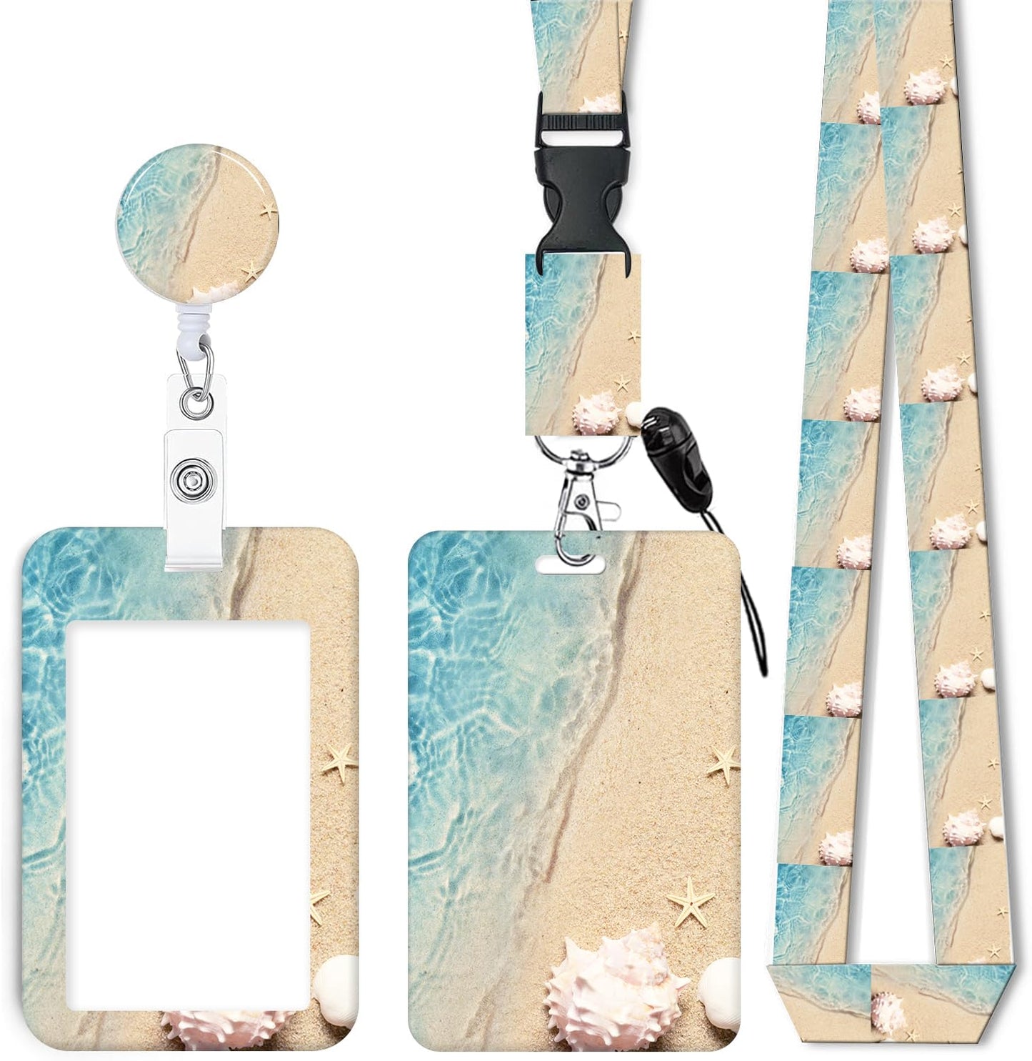 ID Badge Holder with Retractable Lanyard, Badge Holders Reel with 360 Degrees Rotate Carabiner Clip for Women, Teachers, Nurses, Doctor,Students, Office(Summer Beach Sand Wave)