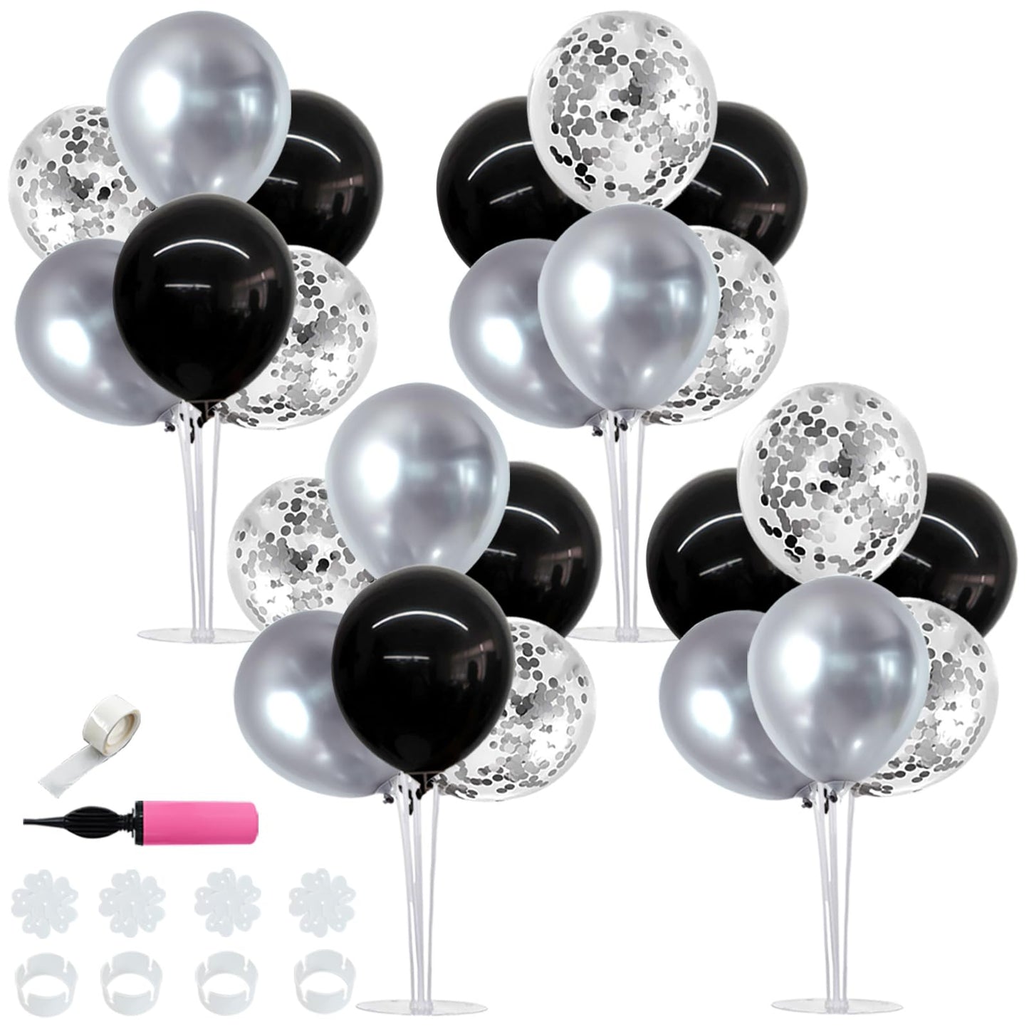 TONIFUL 4 Set Black and Silver Balloon Centerpiece for Table, Balloon Stand Kit for Birthday, Anniversary, Wedding, Halloween and Black Silver Party Decorations,2026 Graduation Decorations,Retirement