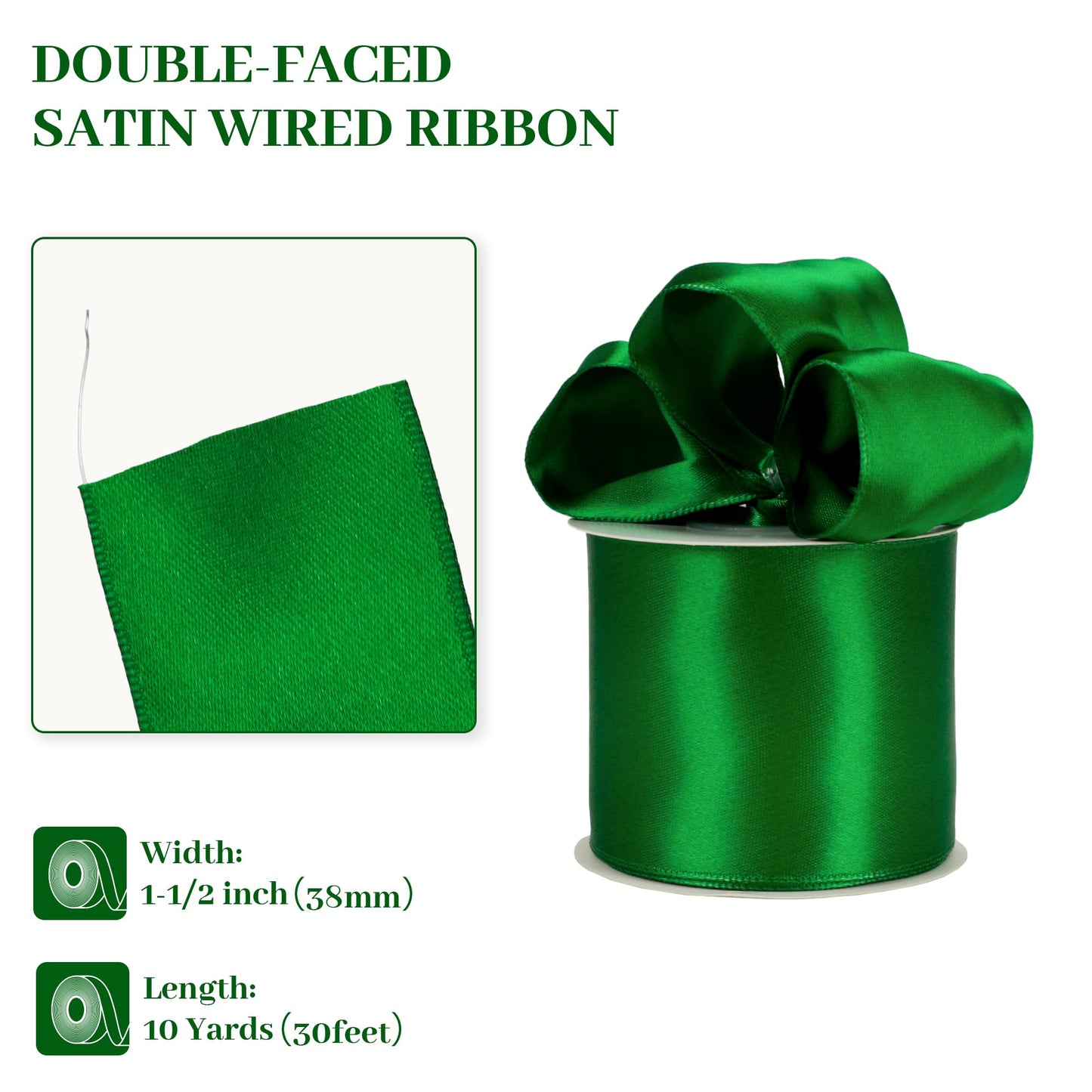 Kryvus Emerald Green Satin Wired Ribbon, 1.5 inch X Continuous 10 Yards Luxury Double Faced Satin Wire Edge Ribbon for Gift Wrapping, Wreaths, Flower Bouquet, Wedding Decorations, Home Decor