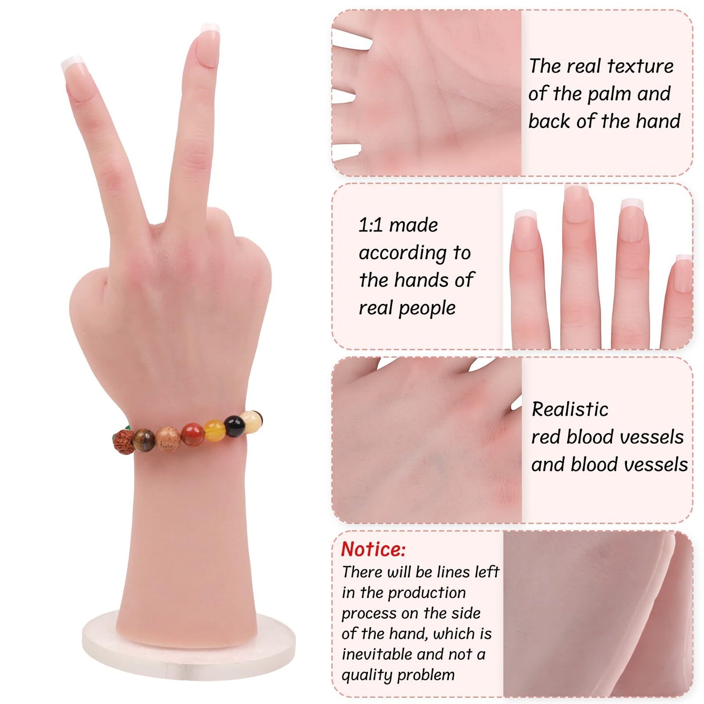 MOTLEYBEAN Realistic Silicone Female Hand Life Size Female Model Hand for Showing Jewelry Pranksters Halloween Props Photography Props (Nude,Right Hand-Without Skeleton)