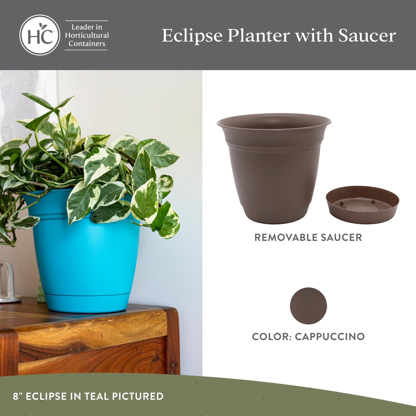 The HC Companies 6 Inch Eclipse Round Planter Pots with Drainage Holes & Attached Saucer, Lightweight UV-Resistant Plastic Indoor & Outdoor Planters, 4-Pack Flower Pots, Garden Home Decor, Cappuccino