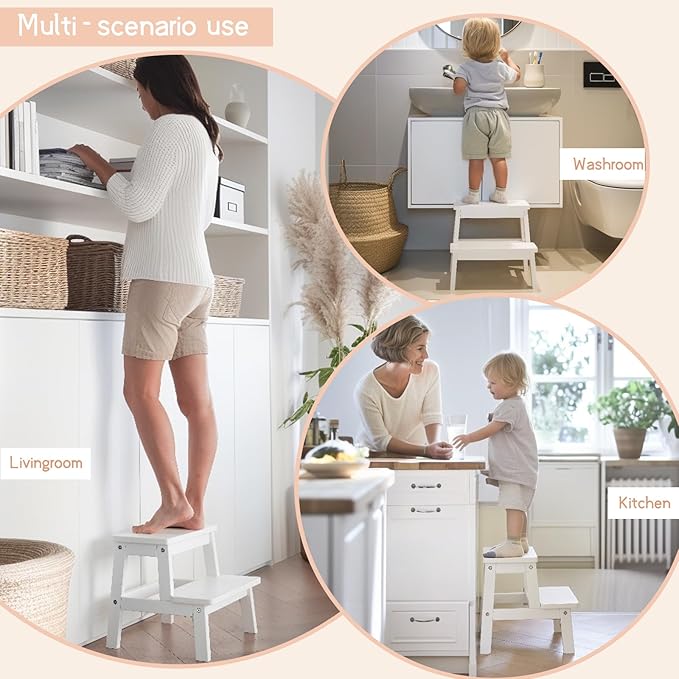 Adult & Child Wooden Two Step Stool ，Stepping Stool，Kids Step Stool Kitchen Step Stools for Bathroom– Perfect for Kitchen, Bathroom, Bedrooms & More (White)