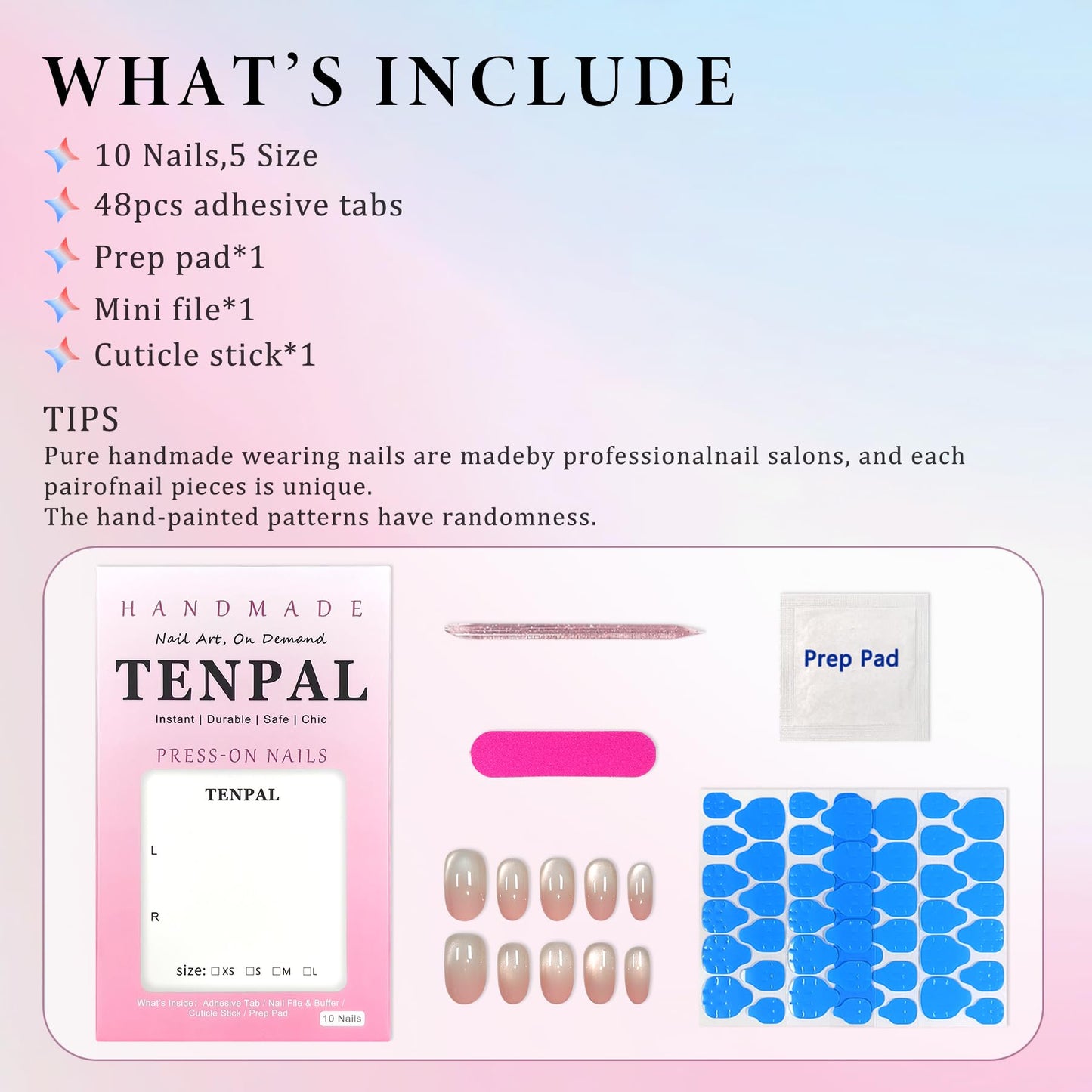 TENPAL Iridescent Cat Eye Press on Nails Medium Oval - Pink Ombre Waterglass Glitter & Handmade, Reusable Sheer False Nails for Everyday(XS)
