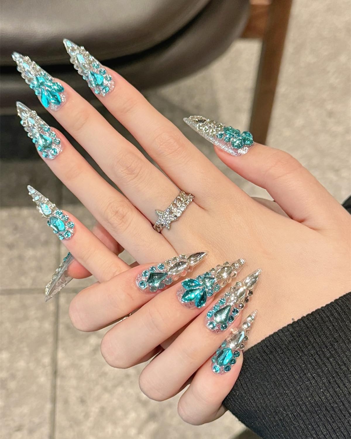 CAMILCY Handmade Nails Press on Long Gradient Blue Black Silver Halloween Star Design Hand painted Reusable Gel UV Finished Pre shaped Artificial False Nails for Women 10pcs 3D Nails (B15, L)