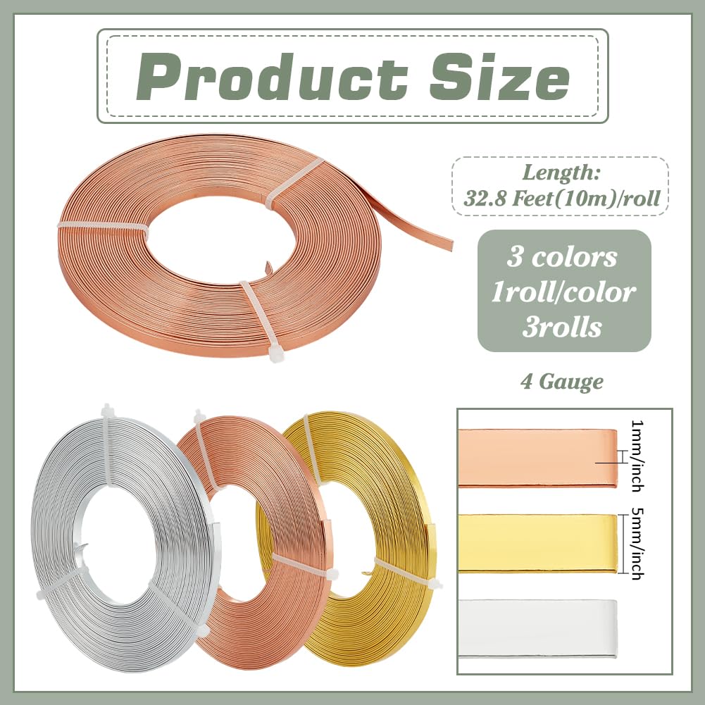 BENECREAT 98.43FT Flat Aluminum Wire, 5mm Wide Tarnish Resistant Jewelry Bezel Wire for DIY Crafts Jewelry Making(3 Colors, 32.8 Ft/Roll)