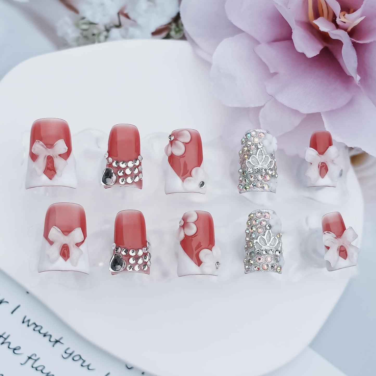 Tesytto Handmade Press on Nails Short Duck 3D White French Tip with V Design 3D Bow Flower Rhinestones Charms Nude Base Elegant Sturdy Art Pink 10 Pcs False Nails Set (Soft Pink Ivory Bow,M)