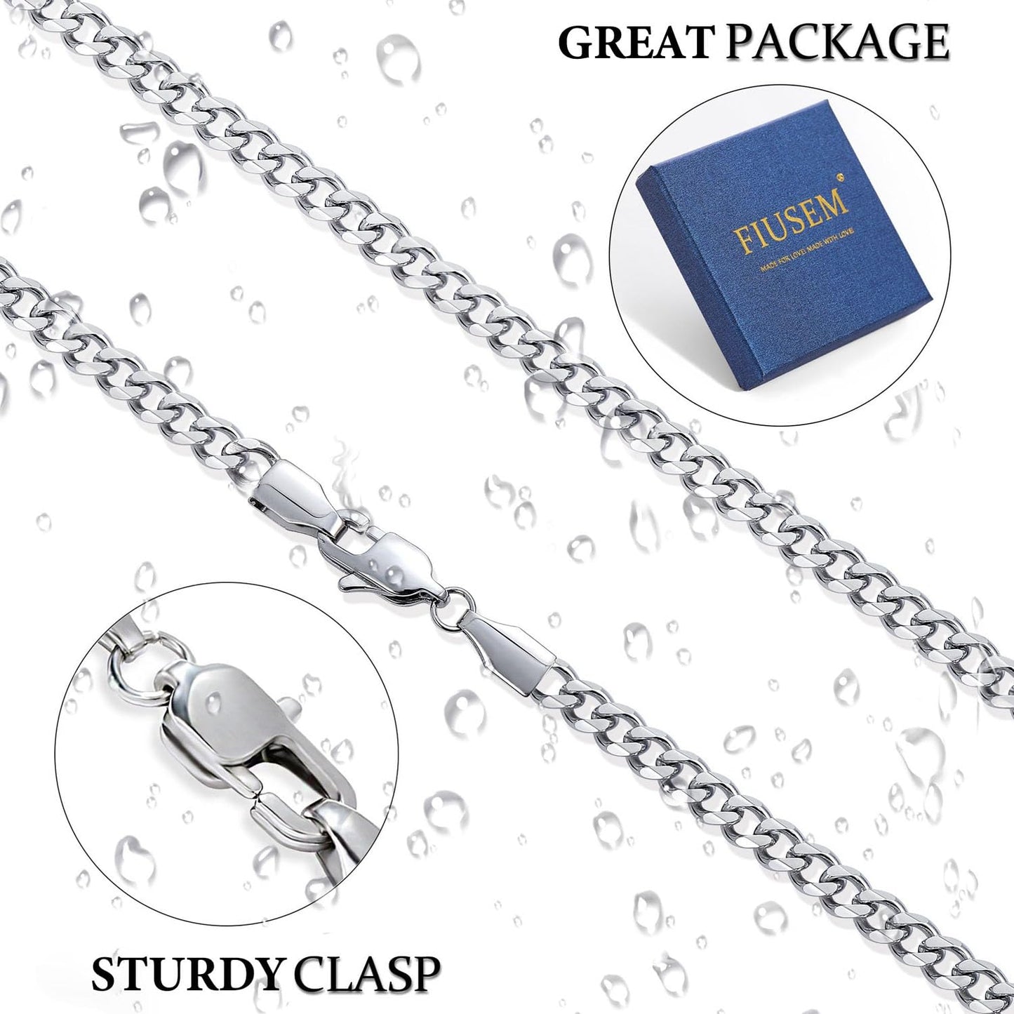 Fiusem Stainless Steel Cuban Link Chain Necklace, 3.5mm/5mm, 24'', Unisex, Silver