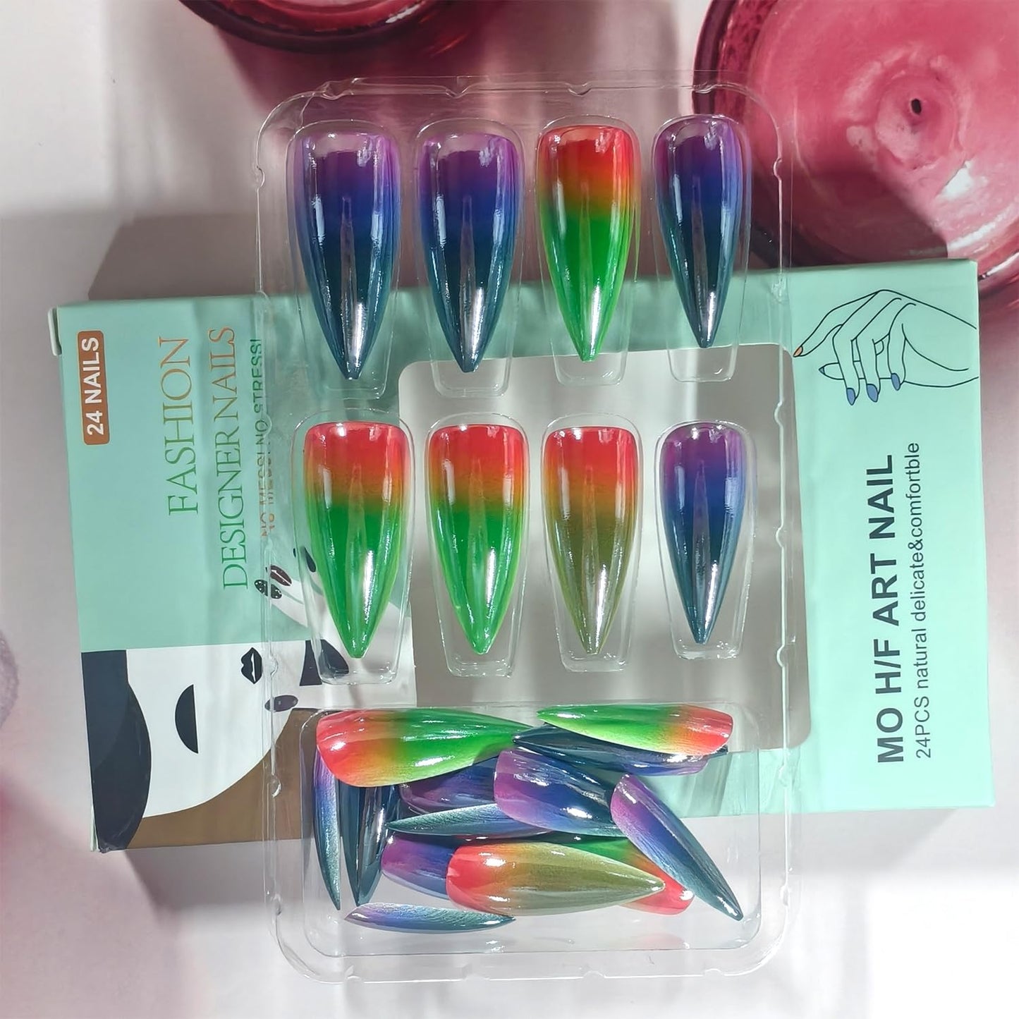 CJDLTS Multicolor Press on Nails Medium Artificial Almond Acrylic Gradient Rainbow False Nails Solid Color Chrome Reusable Full Cover Glossy Press Ons Artificial Fingernails for Women Manicure 24Pcs