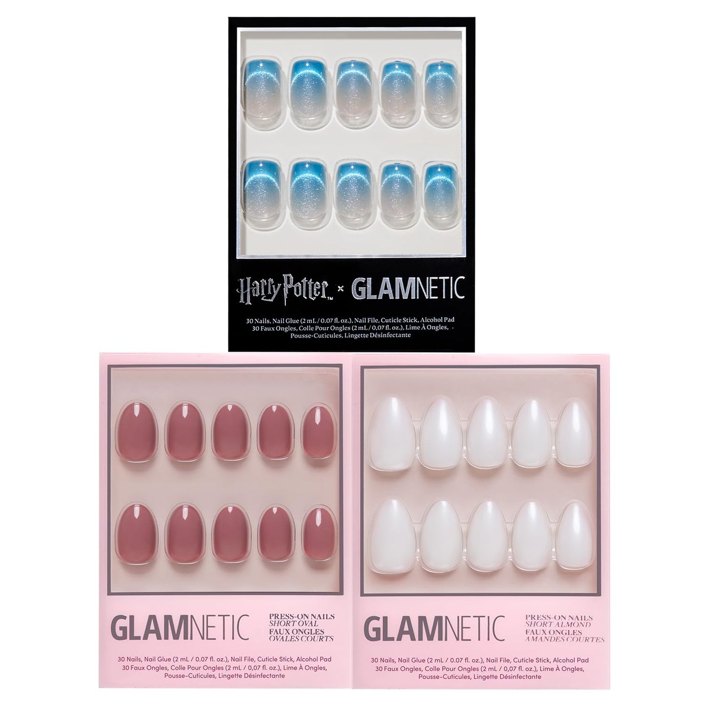 Harry Potter™ x Glamnetic Press-On Nails Bundle - Lumos, Fall Mauve & Hailey | Short Squoval Fake Nails with Velvet Blue Magnetic Gradient Tips, Officially Licensed | Muted Blush Mauve Short Oval Fals