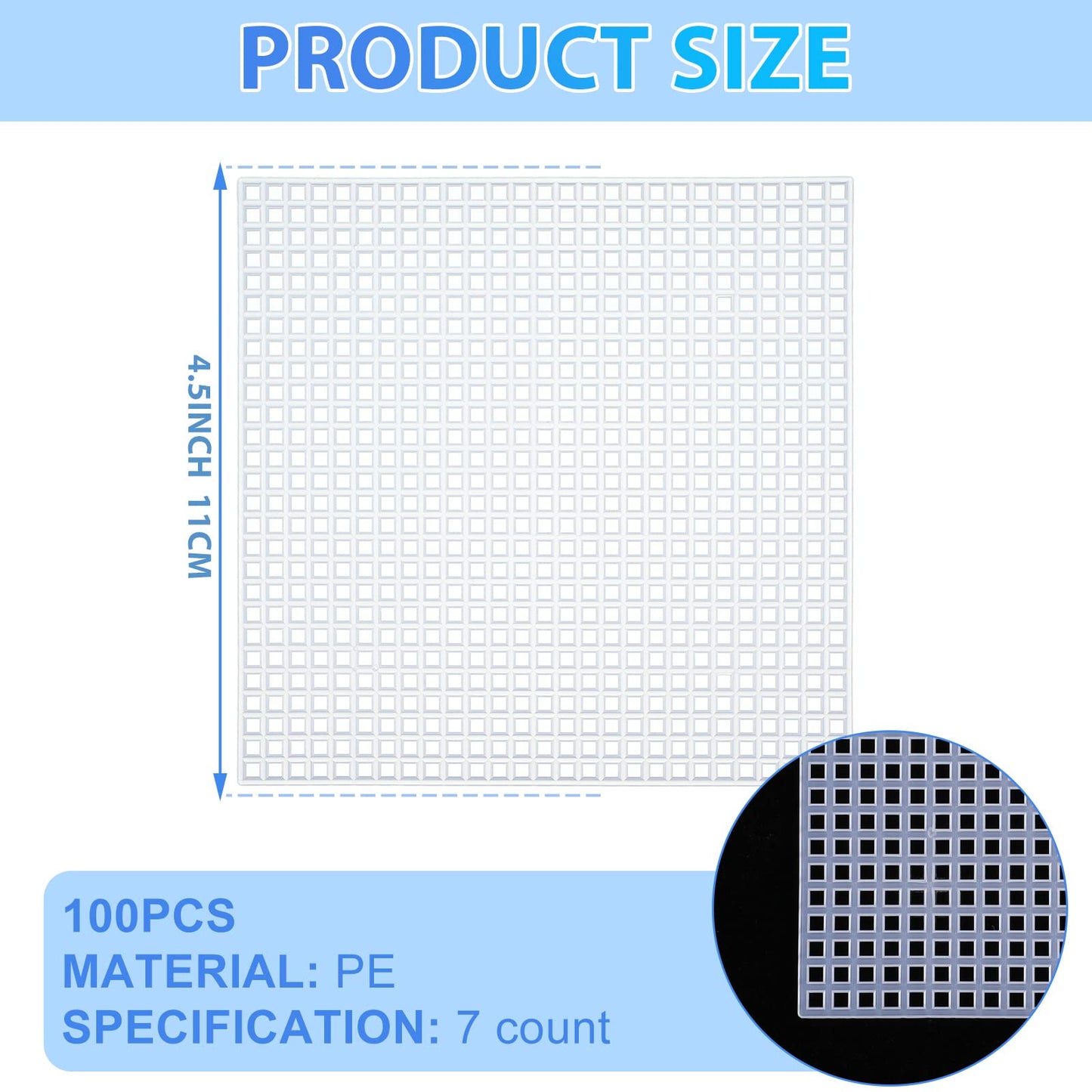 100 Pcs Square Plastic Canvas Mesh Sheets, 4.5'' Square Shape Needlepoint Canvas White Blank Canvas Plastic Mesh Mat for Needlework Embroidery Yarn Crafting Knit Crochet Project, 7 Count