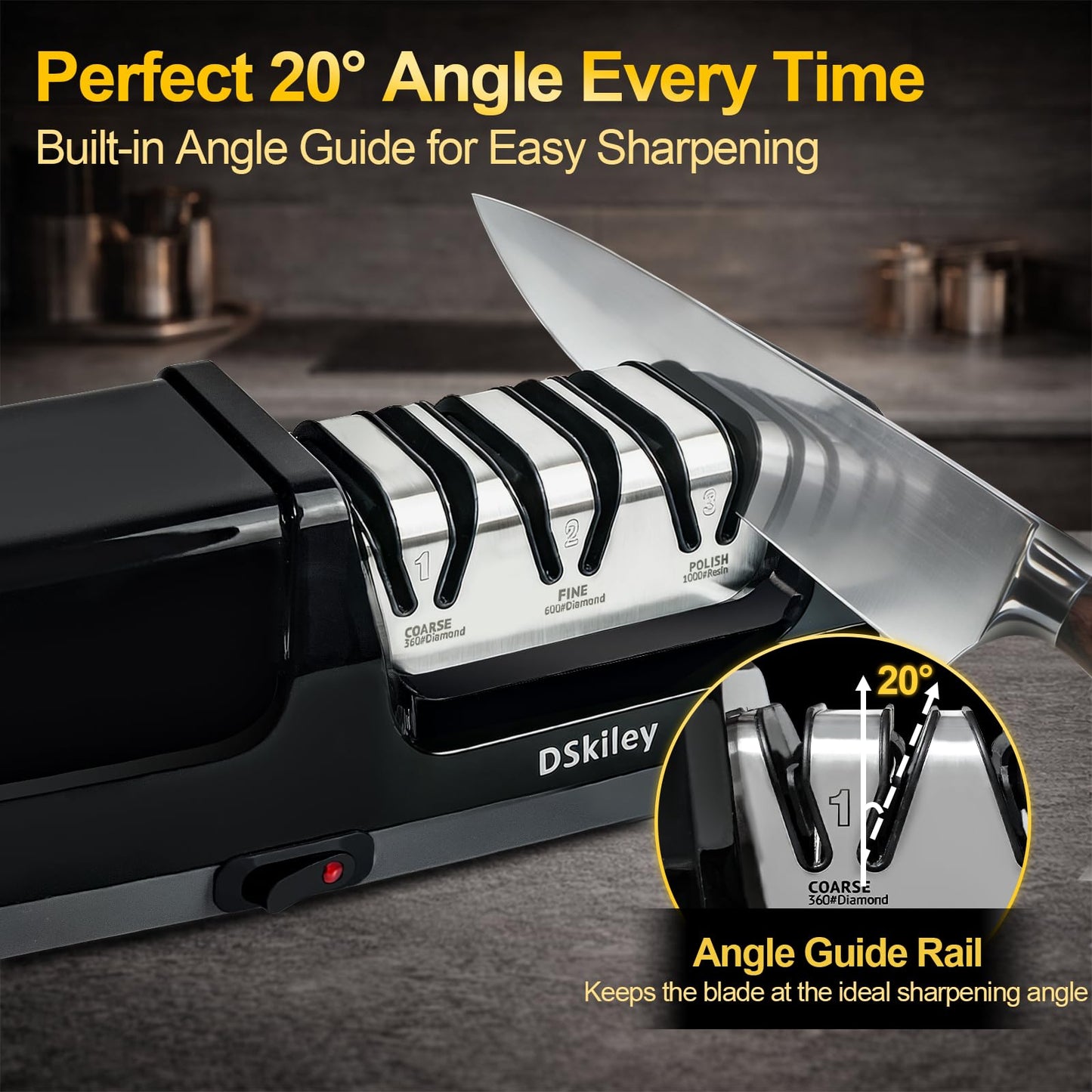 Electric Knife Sharpener for Kitchen – Professional 3-Stage 100% Diamond System with 20° Precision Angle, Fast Sharpening to Restore & Polish Chef Knives(Black)