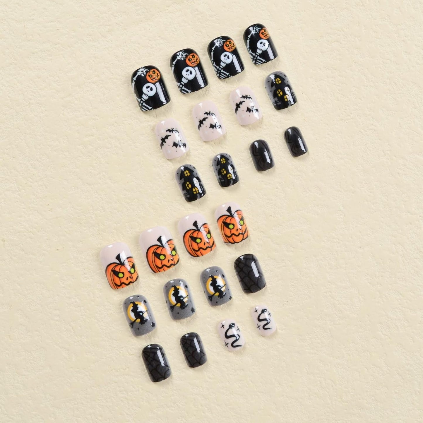 Halloween Press on Nails Short Fake Nails Full Cover Black Nude Grey False Nails with Snake Spider Web Bat Pumpkin Castle Skeleton Designs Acrylic Nails Stick on Nails for Women Manicure24pcs