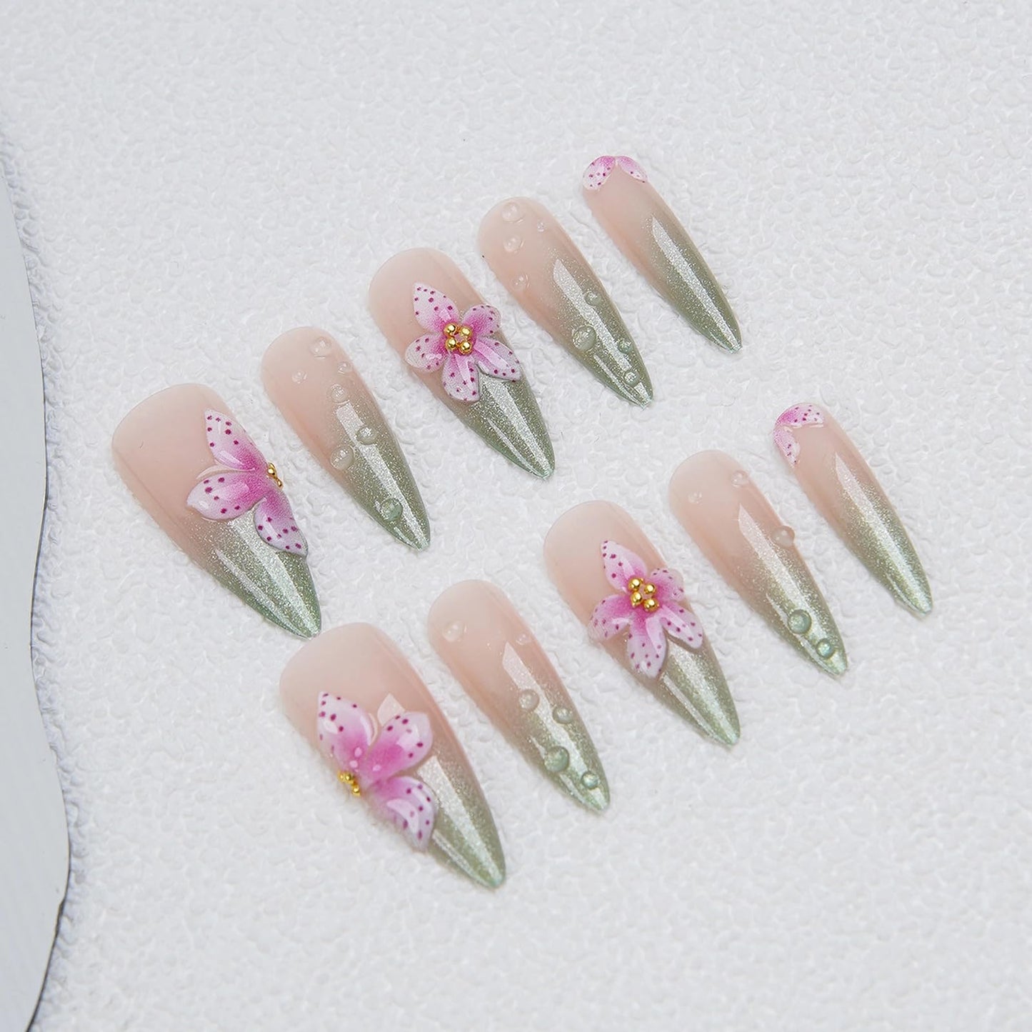 MISUD Press on Nails - Long Stiletto Fake Nails with Green Cat Eye, Acrylic Handmade Pink Flower Design 24 pcs