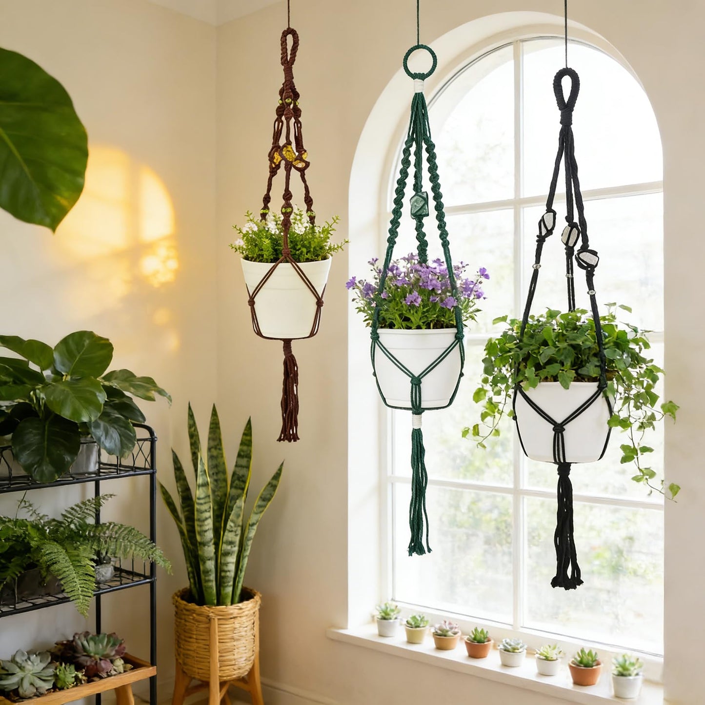Nomylunota Macrame Plant Hanger with Boho Beads Handmade Hanging Planter Crochet Plant Holder(35.4 inches,Green & Brown & Black)