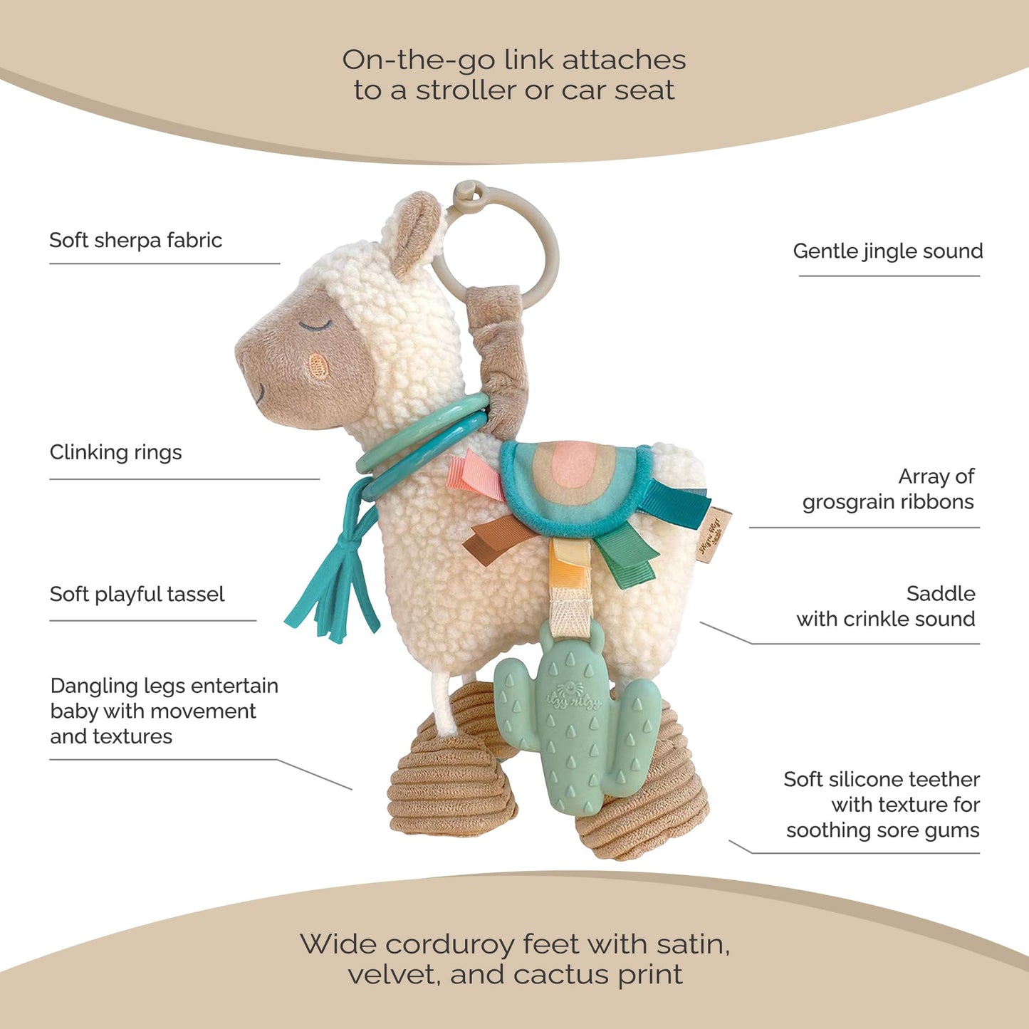 Itzy Ritzy Link & Love Toy for Stroller or Car Seat – Features Textured Ribbons, Crinkle Sounds, Clinking Rings & Silicone Teether – Designed For Ages 0 Months and Up (Llama)
