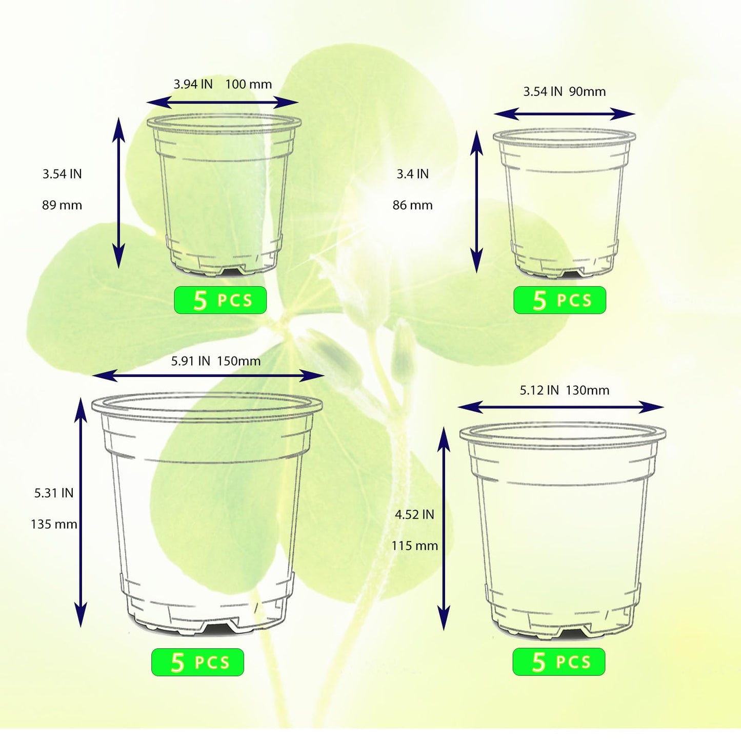 Yondaha Clear Nursery Pots with Drainage – 3.5/4/5/6 Inch, 20 Pack (5 Each Size), Plastic Pots for Plants, Clear Pots for Propagation, Transplanting & Indoor Gardening