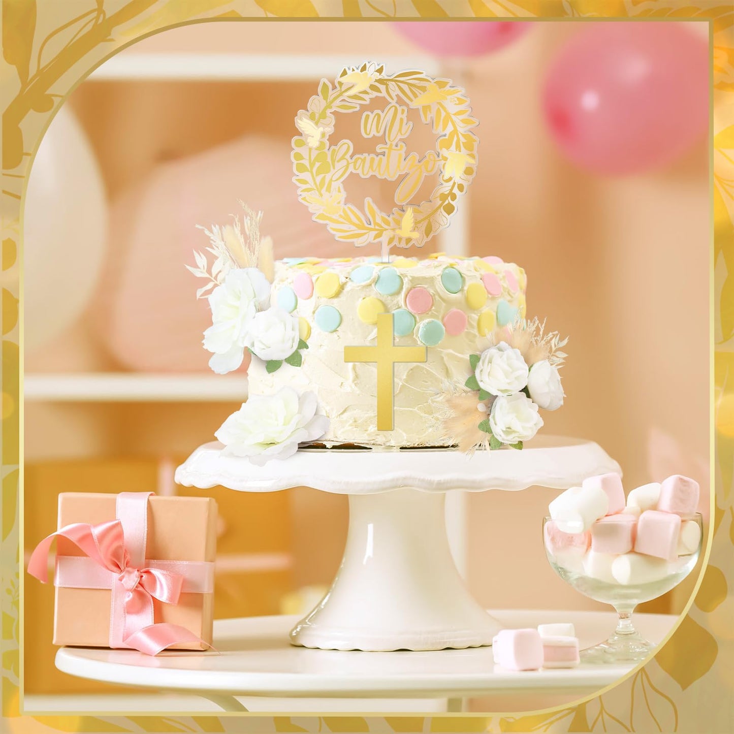 9 Pcs Mi Bautizo Cake Topper Gold Cross and Dried Flower Decor Set First Holy Communion Baptism Cake Pick Religious God Bless Baptism Cake Decoration for Celebration Milestones Decor