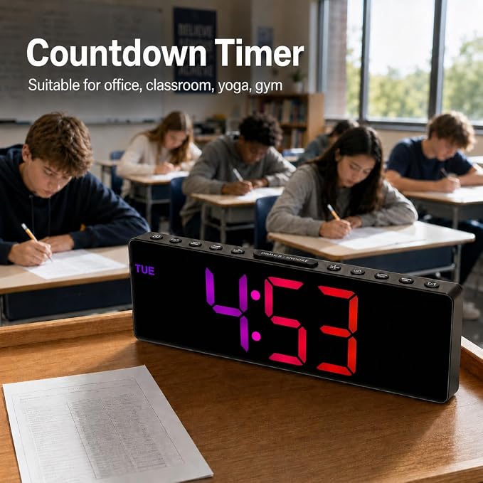 JALL 10.5'' Large Digital Alarm Clock with Big LED Number for School Classroom, Remote Control, RGB Colors,Timer, Dual Alarm, Temperature for Bedroom, Living Room, Gift for Senior Student Teacher
