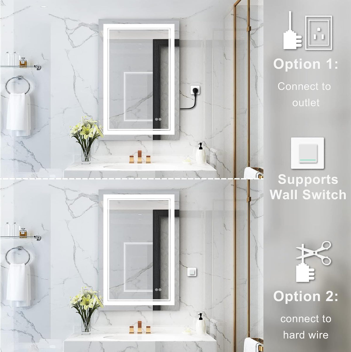 WELLFOR LED Bathroom Vanity Mirror 24 x 36 Inch, Lighted Anti-Fog Dimmable Mirror, IP44 Waterproof Wall Mounted Makeup Mirror, Packed with US Standard Plug and Touch Switch, (Horizontal/Vertical)