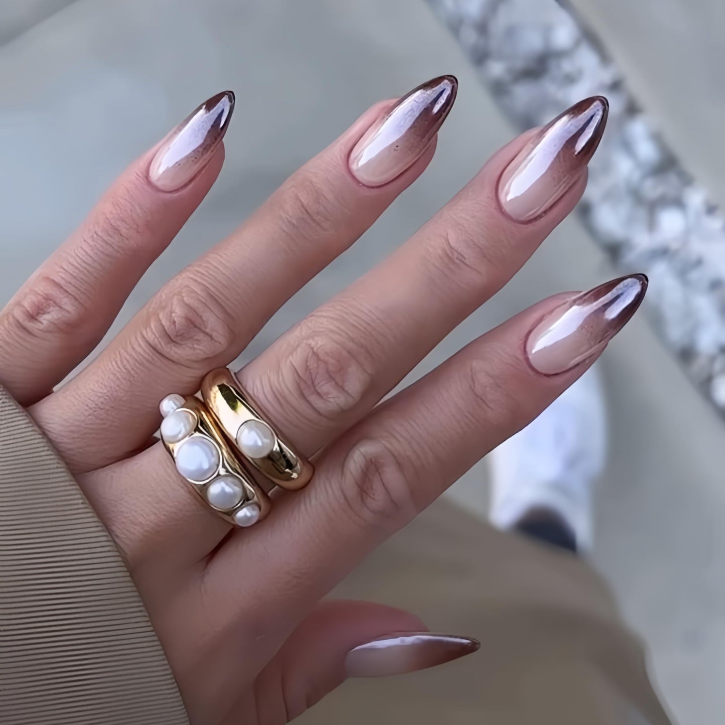 Ombre Brown Press On Nails Almond - KQueenest Chrome French Press On Nails Medium, Glazed Soft Gel Fake Nails Press ons, Glitter Glue on Nails Medium Stiletto, Stick On Nails for Women, 24 Pcs
