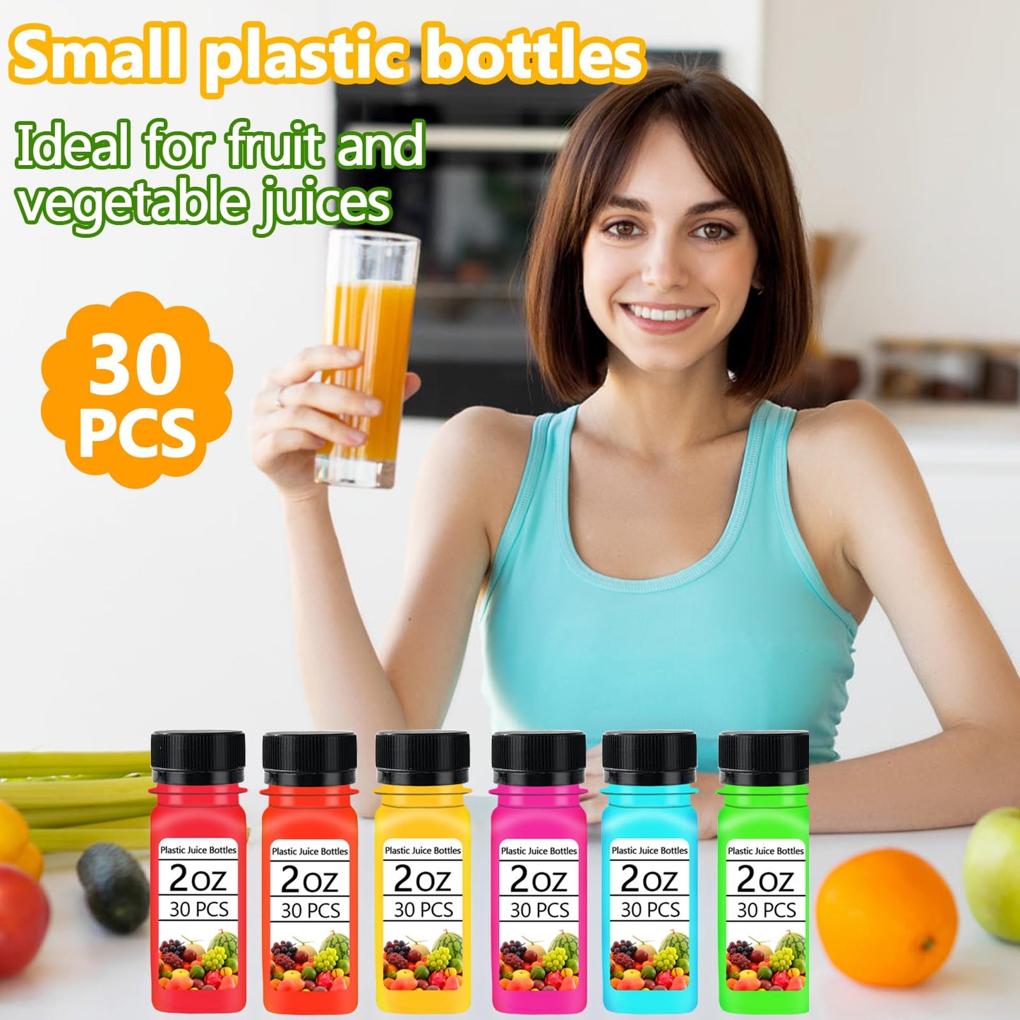 30PCS 2oz Small Plastic Shot Bottles with Caps,Reusable Clear Juice Containers,Empty Plastic Containers with 10 Funnels for Ginger Shots,Liquids,Beverages