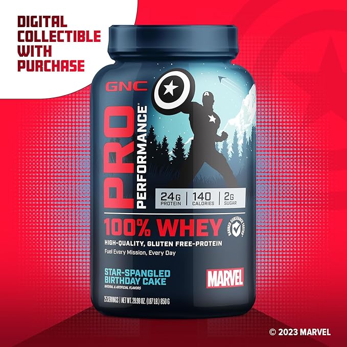 GNC Pro Performance 100% Whey Protein Powder | Supports Healthy Metabolism and Lean Muscle Recovery | Marvel: Star-Spangled Birthday Cake | 25 Servings